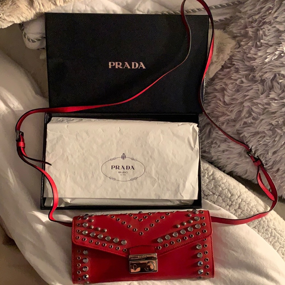PRADA NWT authentic crossbody wallet purse. Rhinestones & grommets, adjustable.